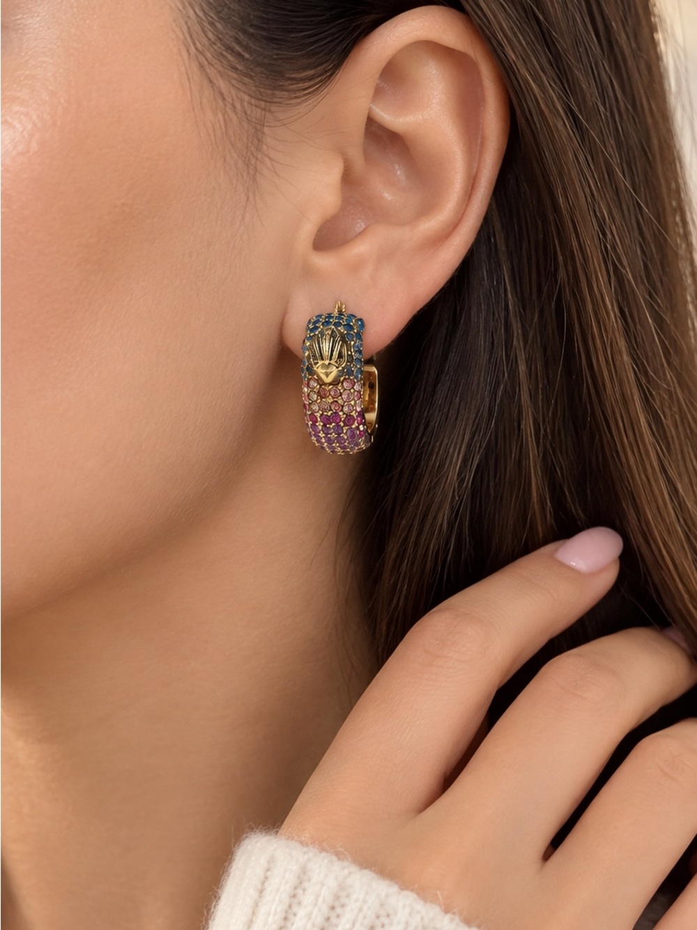 Kurt Geiger Gold Hoop Earrings with Blue and Pink Stones